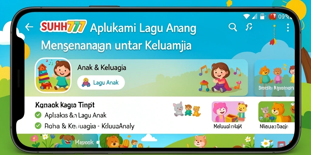 Antarmuka pengguna SUHU777 yang ceria dengan lagu-lagu anak.
